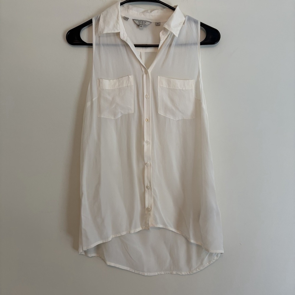 Guess XS 100% Silk Sheer Sleeveless Tank Button up Blouse Top 90s Mom Core White
